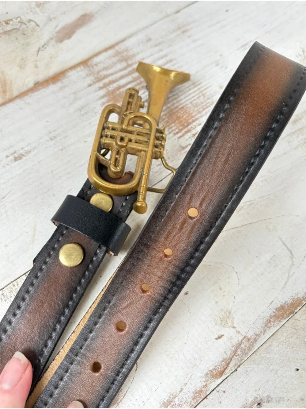 Vintage Baron solid Brass belt Buckle cornet trumpet music band 70s sz 34 belt